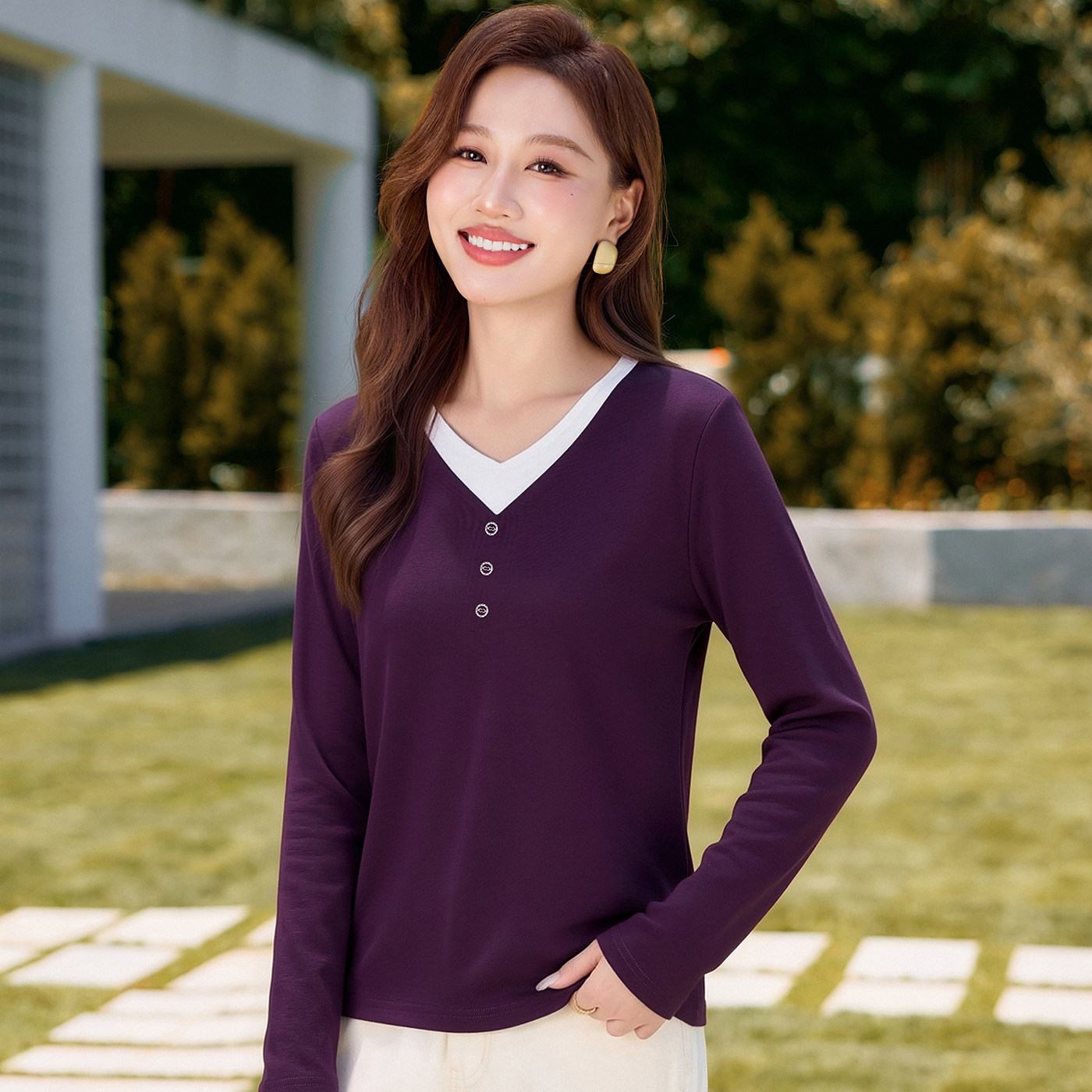 v领正肩打底衫女春秋薄款2026秋季新款中年妈妈长袖t恤假两件上衣