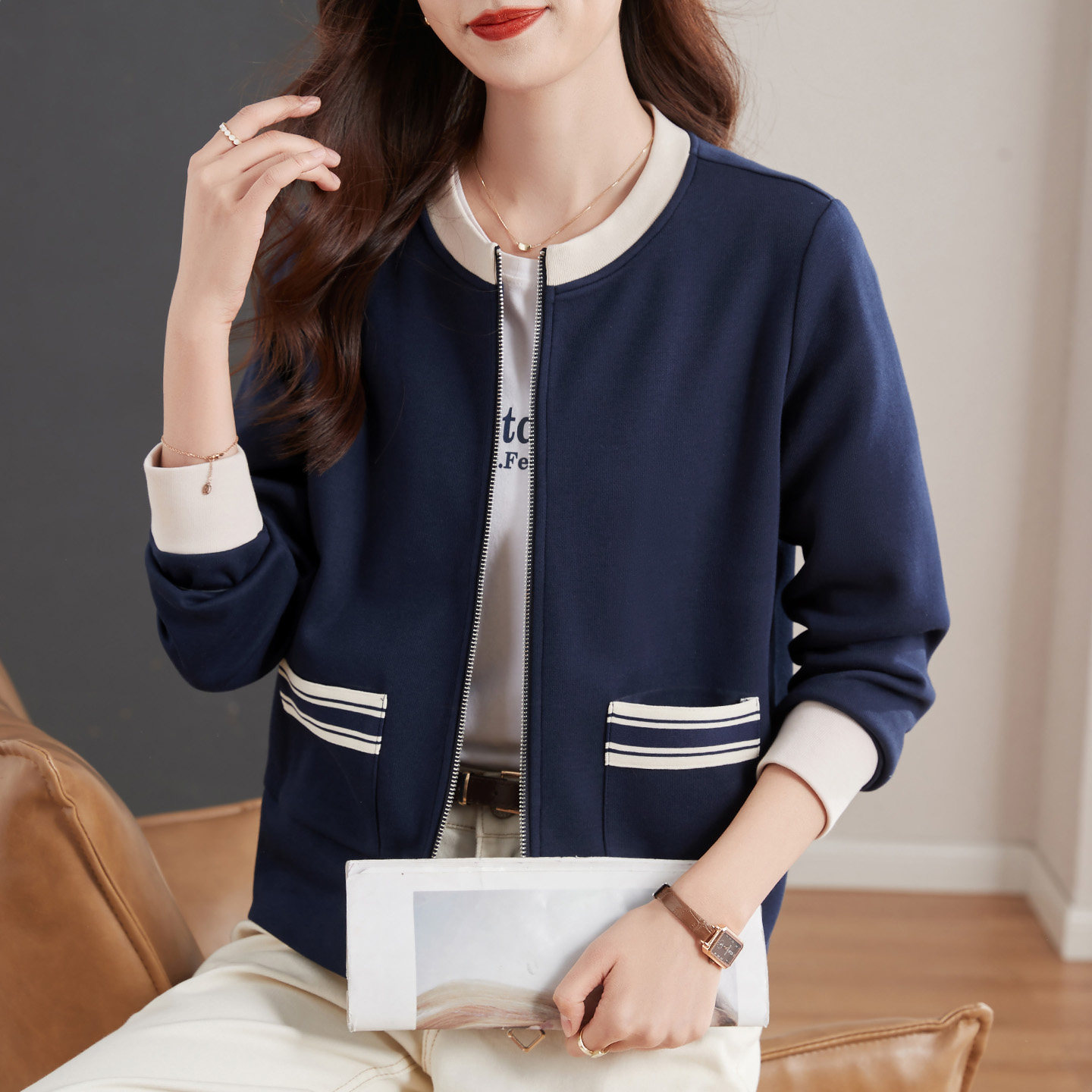 2026新款正品春季棒球服撞色短款宽松小个子长袖卫衣开衫外套女