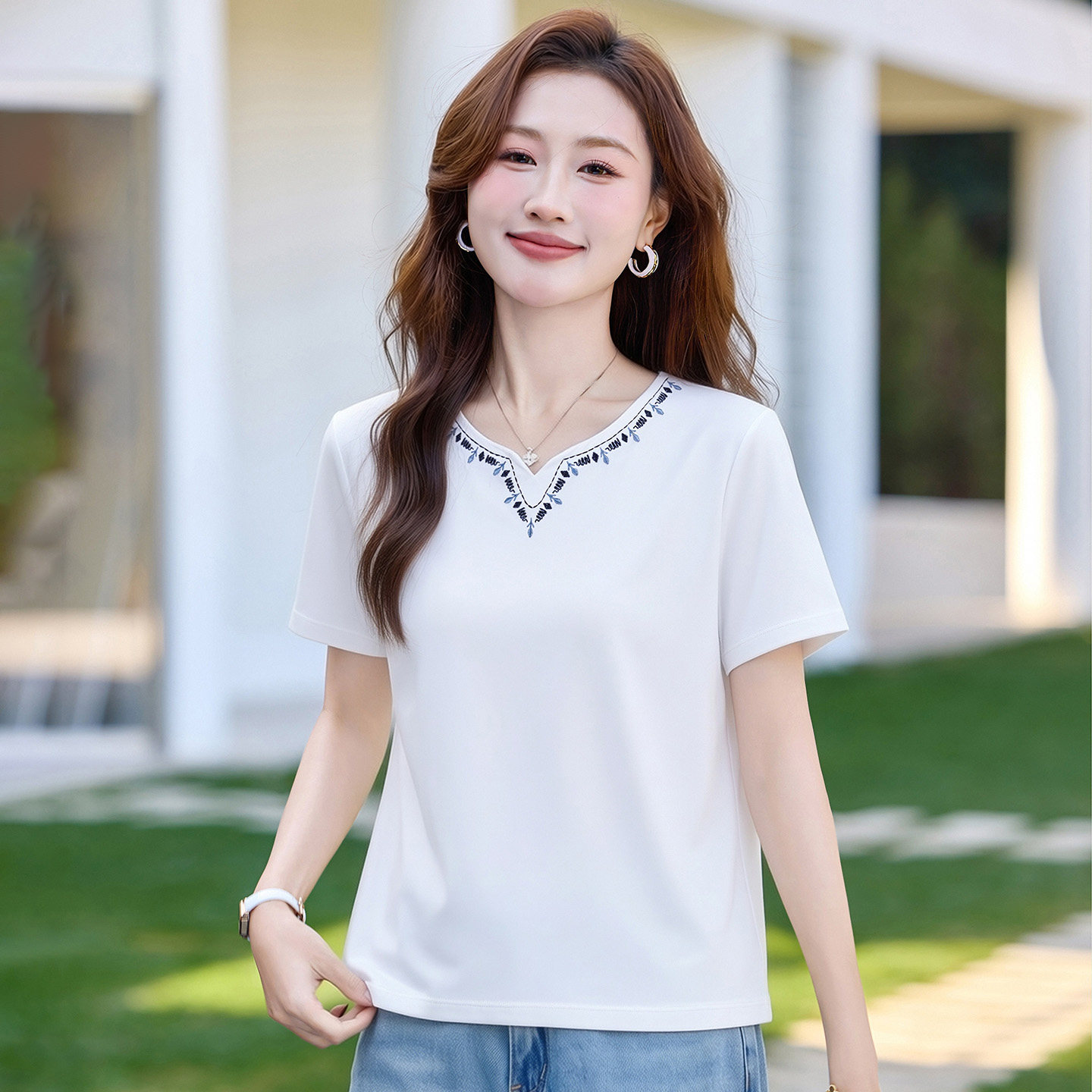 新中式白色正肩短袖t恤女2026