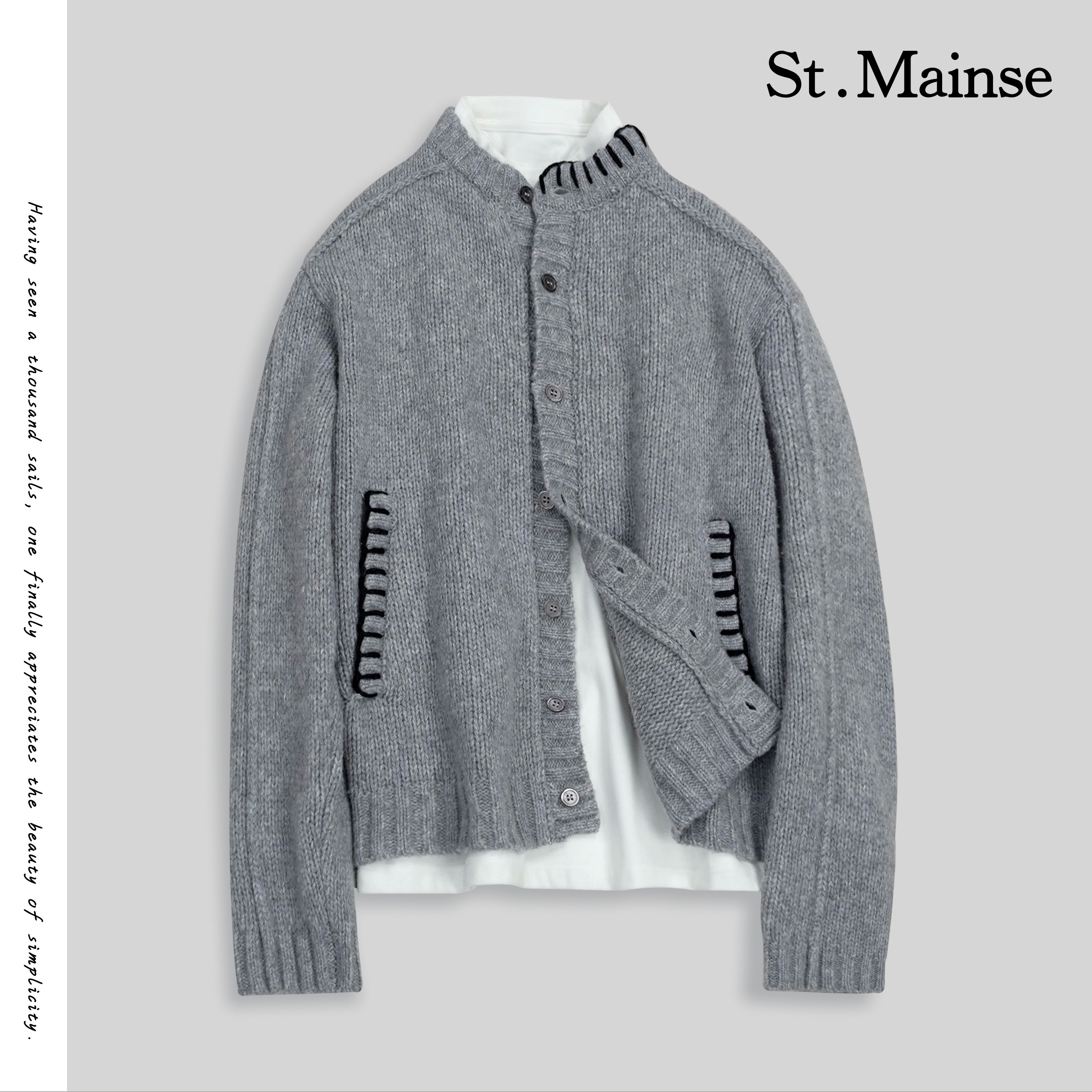 ST.Mainse钩花点缀韩系长袖圆领针织羊毛开衫 春季设计师男装清仓