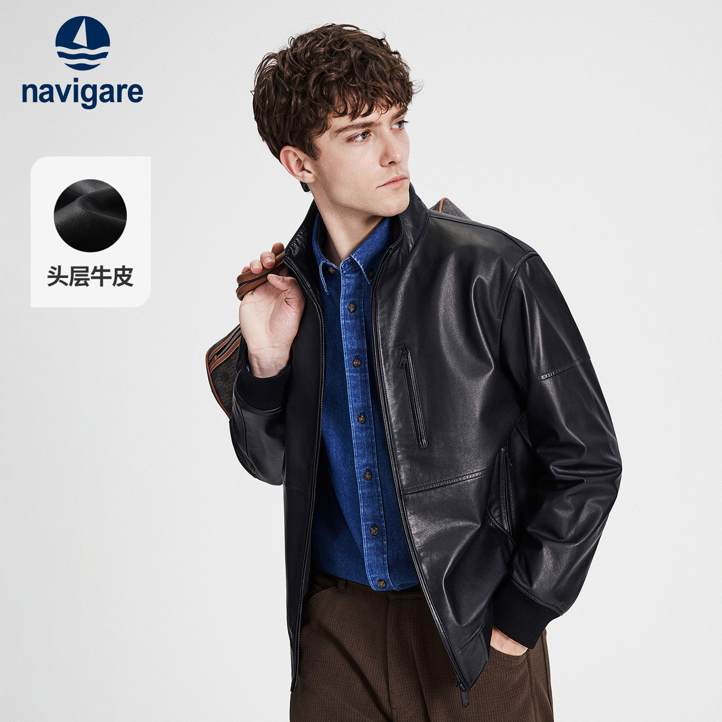 Navigare小帆船黑色老钱风立领真皮皮衣男士秋冬季休闲牛皮革