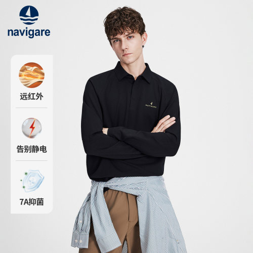 [抗菌]Navigare小帆船黑色长袖POLO衫男2026秋季通勤翻领T恤上衣