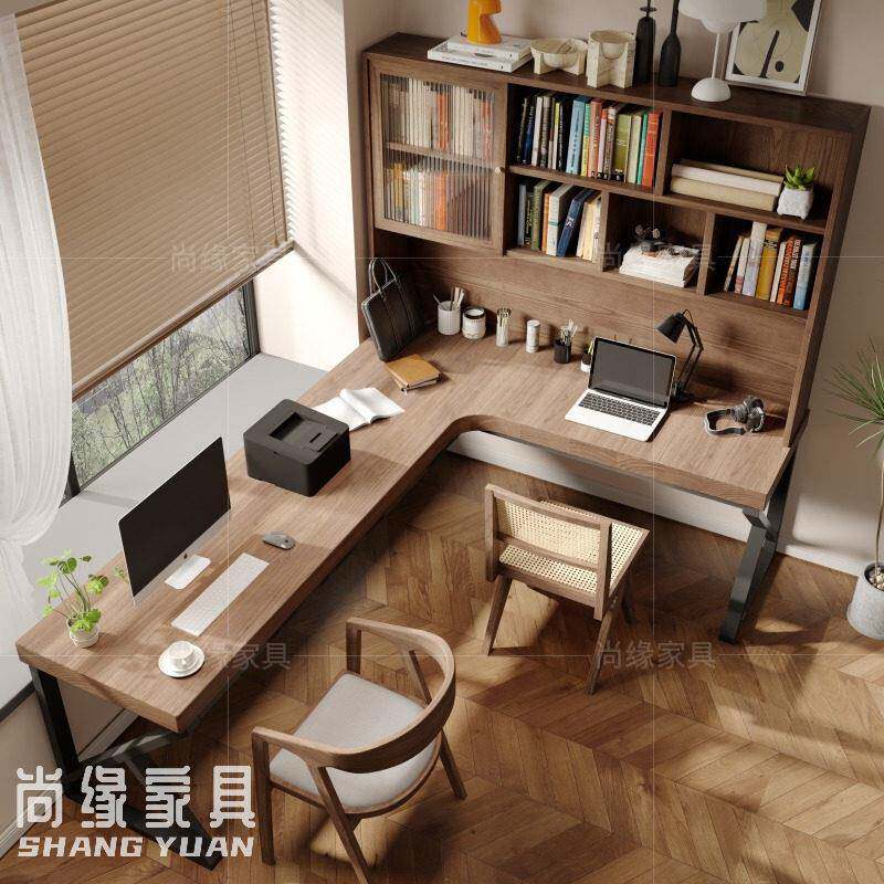 实木转角书桌书柜家用拐角双人公桌书房靠墙l型电脑桌书架一体