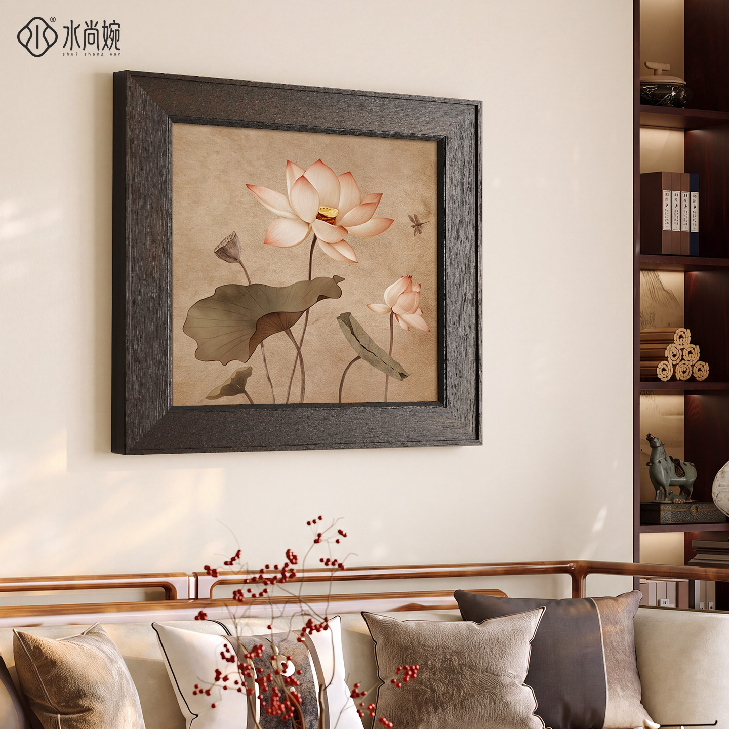 【新款热销】荷花挂画实木框壁画