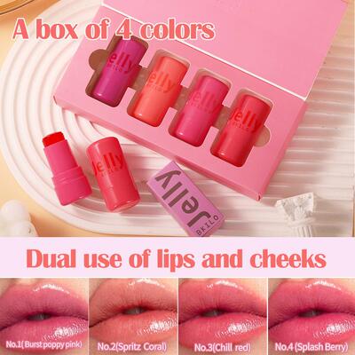 4Pcs Jelly Blush Set Lip Cheek Tint Liquid Cream Stick