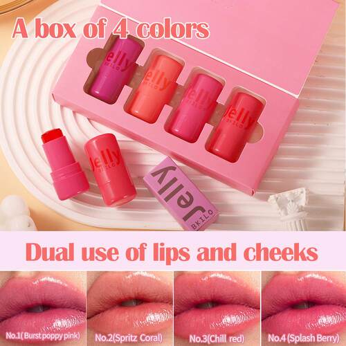 4Pcs Jelly Blush Set Lip Cheek Tint Liquid Cream Stick