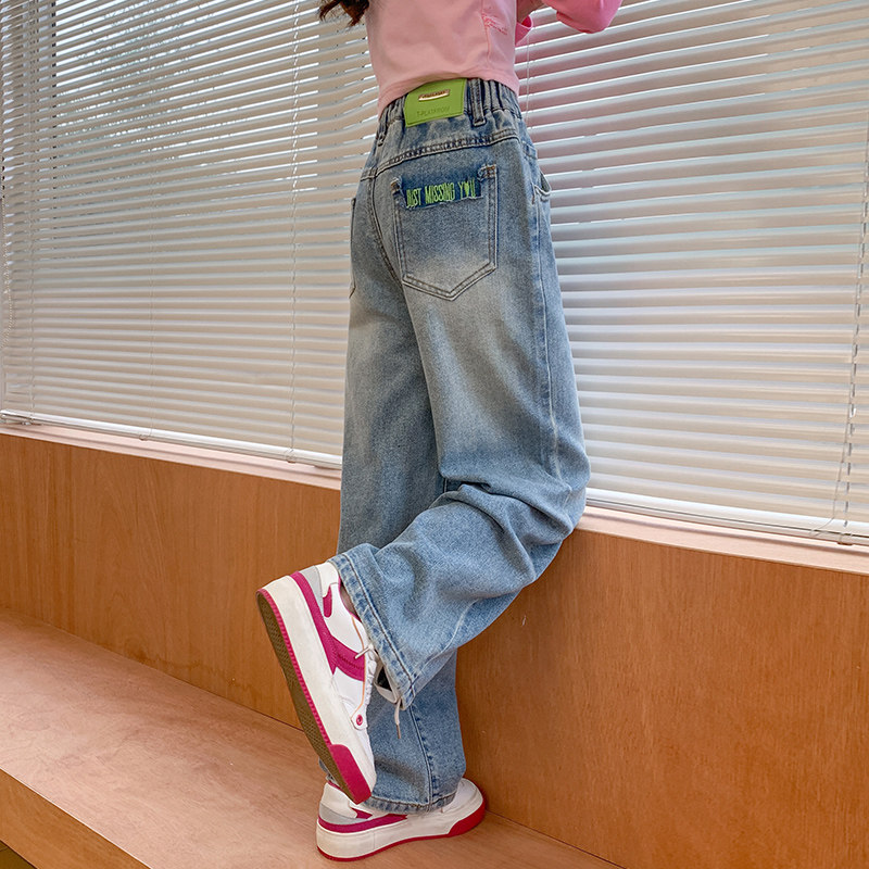 女童裤子牛仔长裤直筒窄版阔腿儿童休闲春秋新款冬季女孩显高软潮