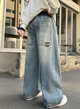 男童牛仔裤春秋新款直筒春季初中生大码男孩儿童中大童长裤休闲薄