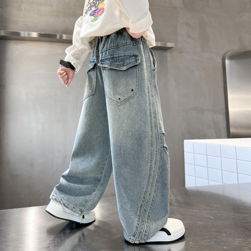 儿童牛仔裤春秋新款男童裤子大童长裤休闲直筒男孩初中生软春季薄