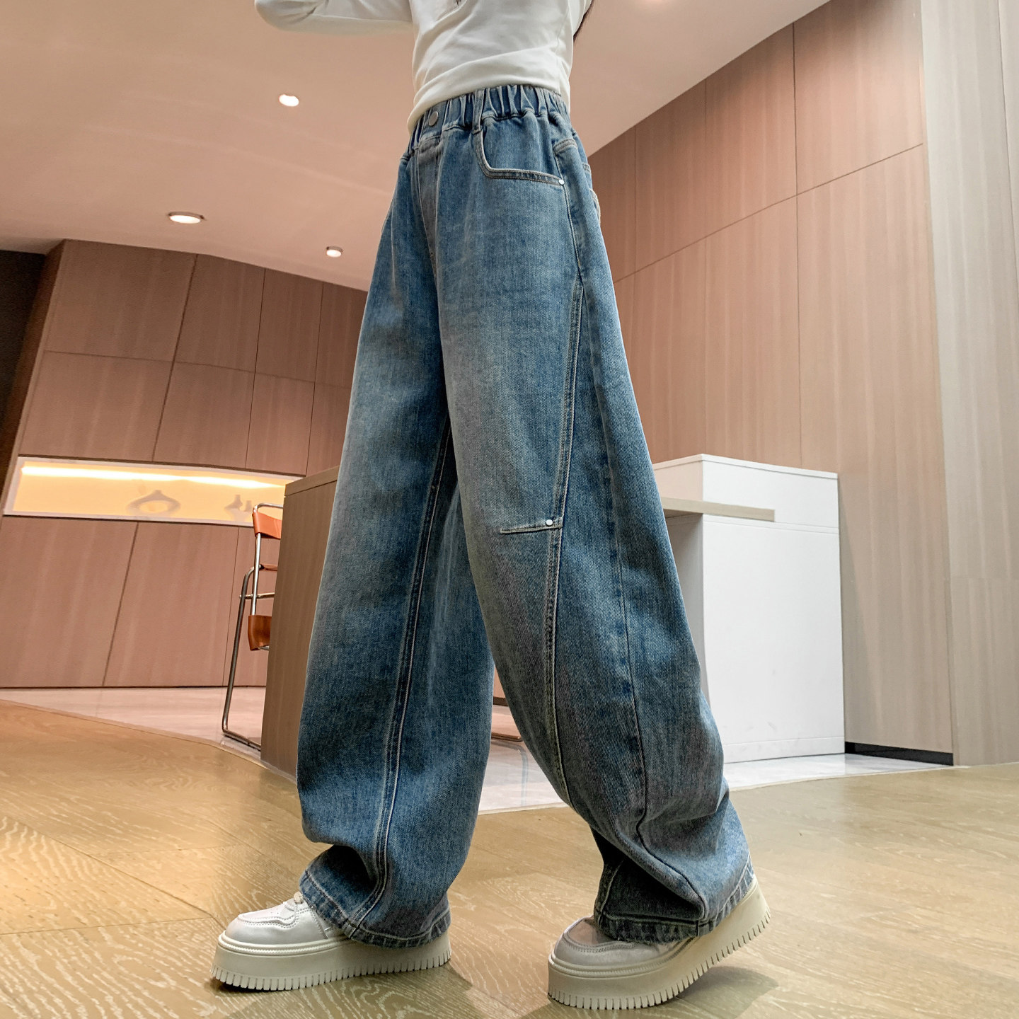 女童裤子牛仔长裤直筒显高阔腿儿童休闲春秋新款冬季女孩显高软潮