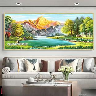 西墙聚财挂画家有靠山背景金山青绿聚宝盆山水油画沙发客厅八方招
