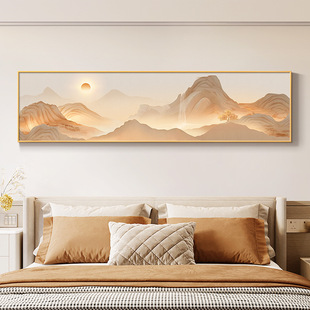 旭日东升卧室床头装饰画高级感山水画客厅挂画大气轻奢主卧墙壁画