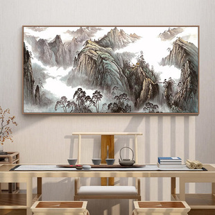 新中式古典国风山水手绘油画客厅横版山峦装饰壁画泰山日出图挂画