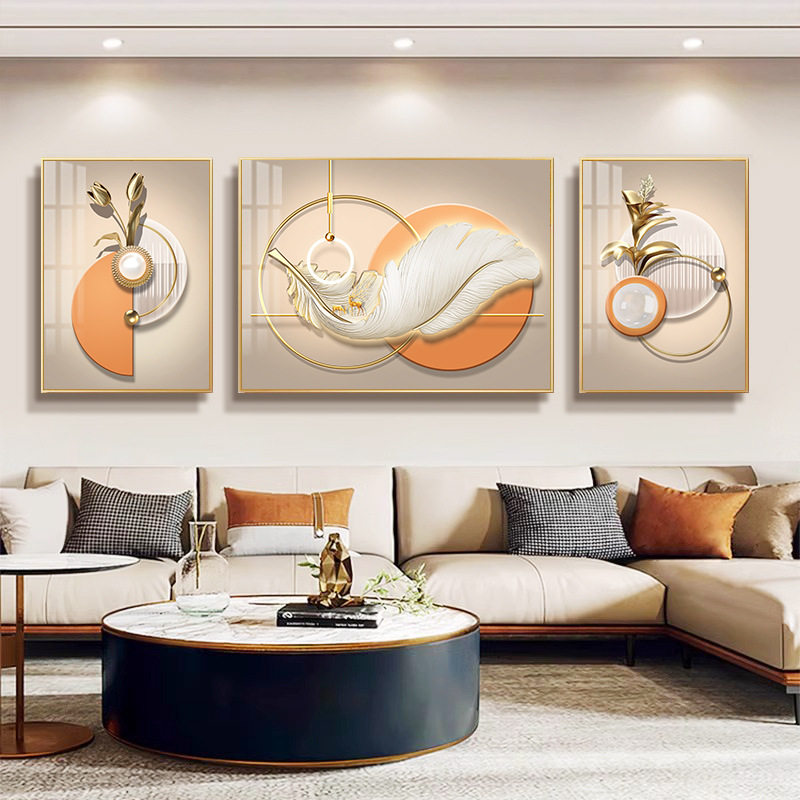 客厅装饰画新中式沙发背景墙挂画轻奢高级感旭日东升山水三联壁画