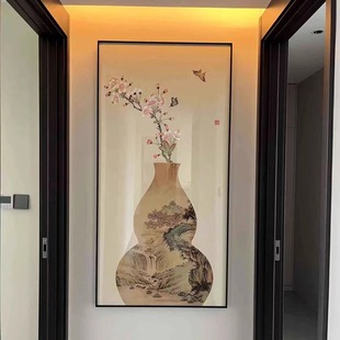 新中式正对门山水玄关画宋代美学挂画客厅走廊过道竖版壁画花鸟画