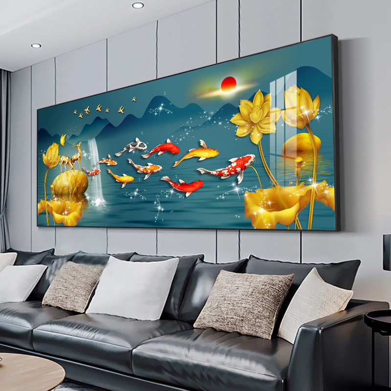 九鱼图客厅装饰画高档大气晶瓷画招财山水画新中式沙发背景墙挂画