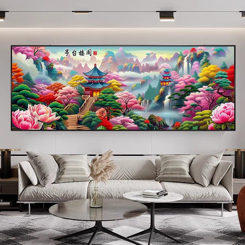 2025新款满钻山水十字绣 客厅5D手工点钻画 自粘全贴钻石画套件