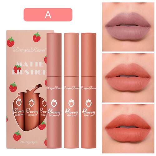 3 Pcs Strawberry Matte Lip Tint Set 草莓套盒丝绒雾面哑光唇釉