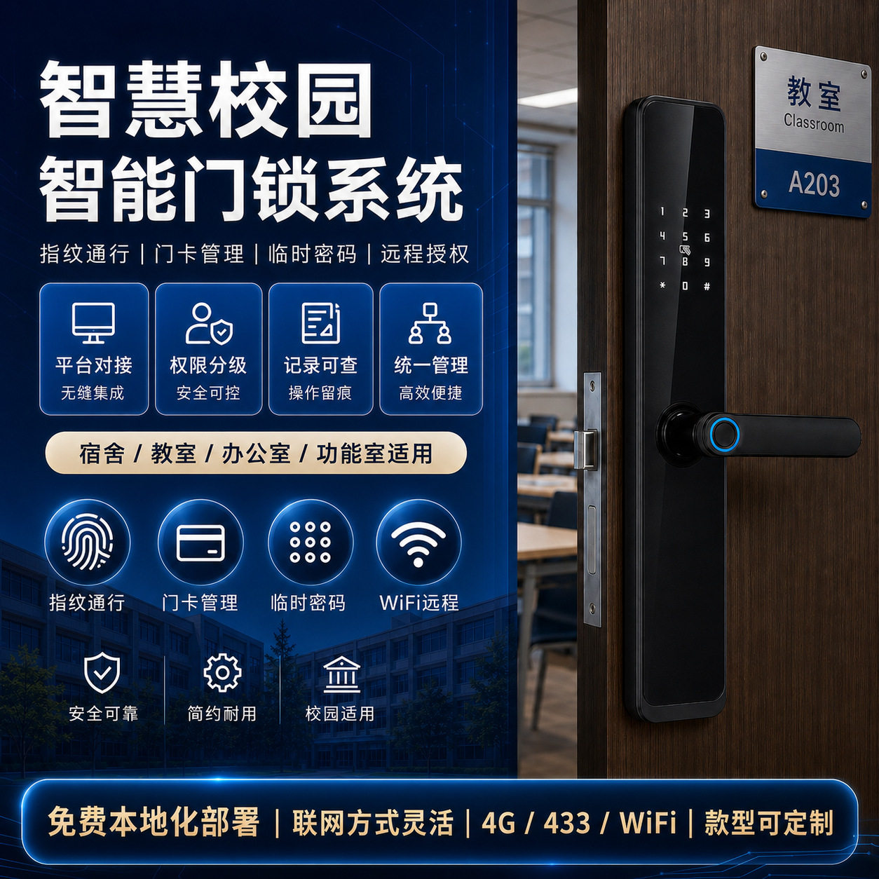校园智能门禁一体化管理系统门锁支持指纹密码刷卡远程批量管理