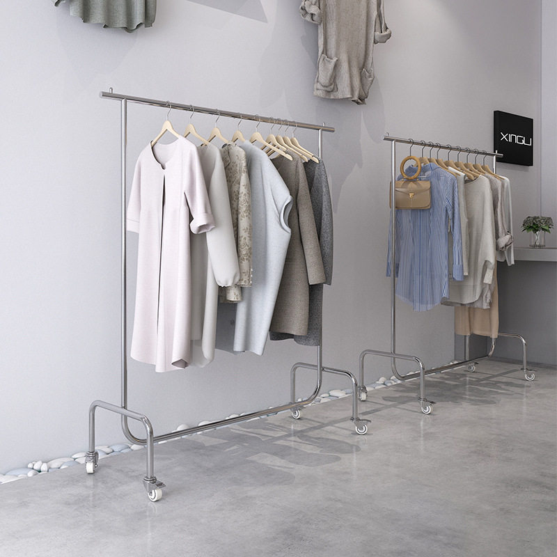 服装店展示架女装店不锈钢货架衣服架子落地式移动挂衣杆加粗带轮