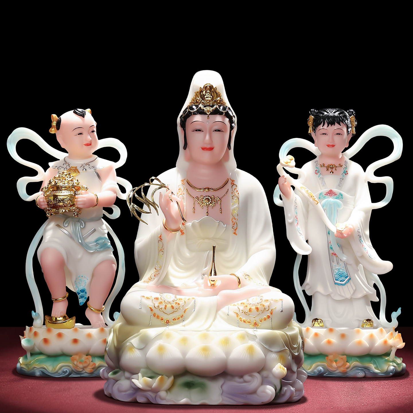 汉白玉观音菩萨佛像站像金童玉女供奉摆件一对善财童子龙女观世音
