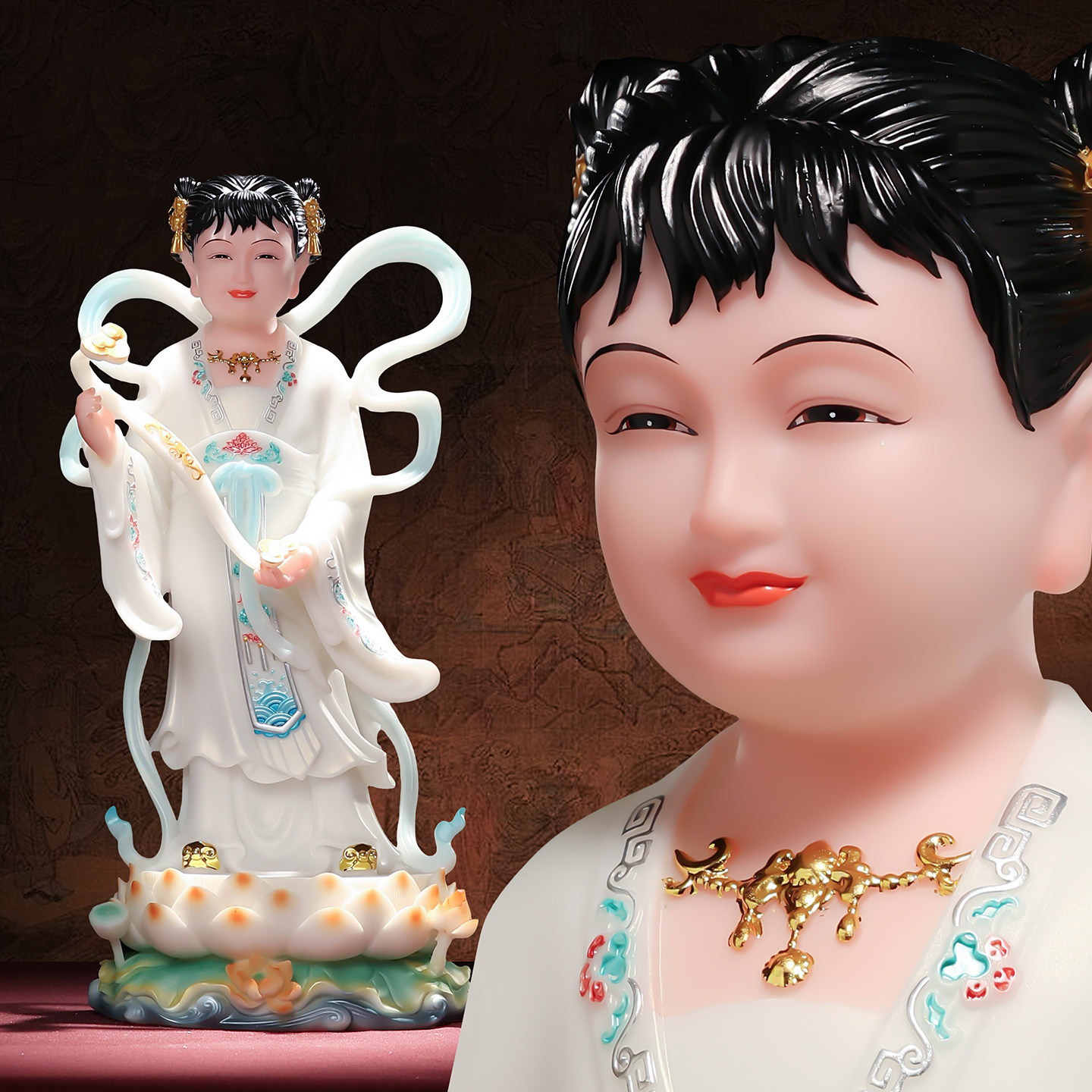 汉白玉龙女善财童子像金童玉女神像一对观音菩萨左右胁侍佛像摆件