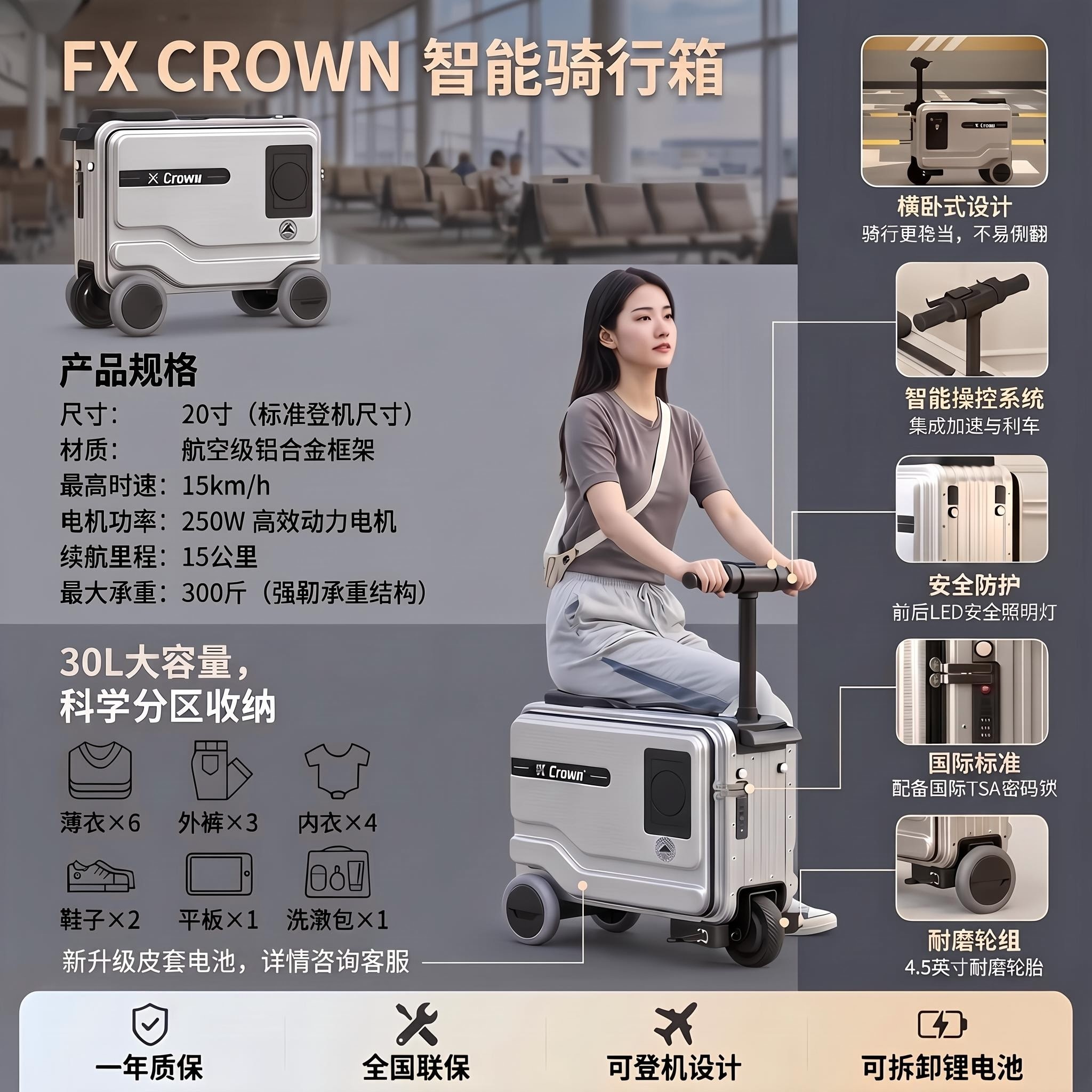FX CROWN智能骑行电动行李箱可坐人可登机旅行箱男20寸拉杆旅行箱