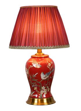 中式花鸟陶瓷红色婚庆结婚床头柜台灯卧室书房简约布艺喜庆台灯