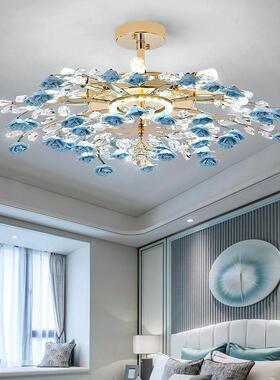客厅灯田园蓝色花朵水晶女生主卧室吸顶灯新款粉色花型灯具