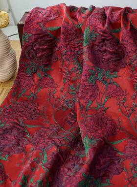 国风红色浮雕肌理感马甲色织面料复古礼服女装箱包布