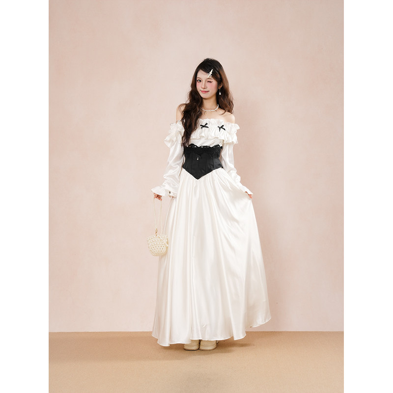 古堡少女  法式气质名媛高级感简约蝴蝶结白色收腰一字肩连衣裙,女装/女士精品,时尚套装,淘宝优惠券,粉丝福利购,淘宝优惠卷