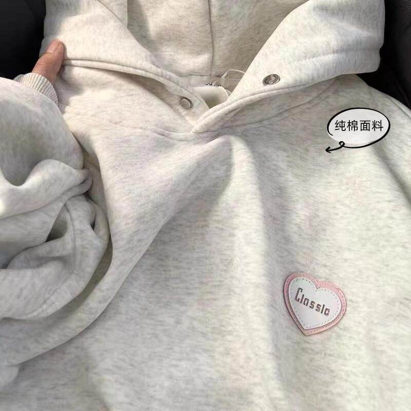 浅灰色加绒加厚纯棉连帽卫衣女新款ins秋冬宽松校园风小众外套衫