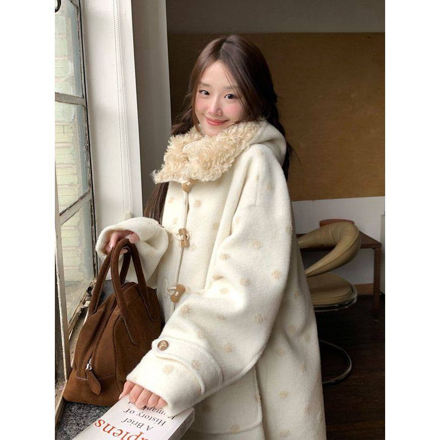 波点牛角扣连帽夹棉中长款毛呢外套冬季设计感气质宽松大口袋外套,女装/女士精品,毛呢外套,淘宝优惠券,粉丝福利购,淘宝优惠卷