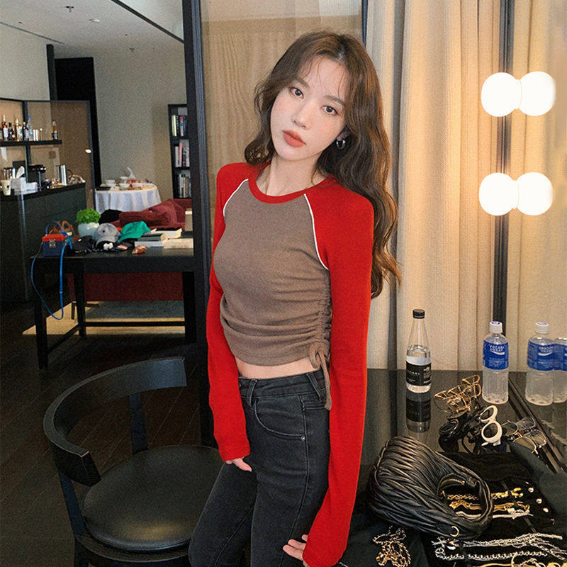 春秋新款设计感侧边褶皱气质长袖T女修身圆领上衣2025