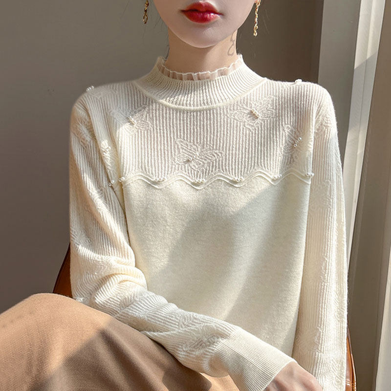 秋冬新款纯色钉珠半高领羊毛针织衫女宽松百搭外穿减龄毛衣打底衫,女装/女士精品,毛衣,淘宝优惠券,粉丝福利购,淘宝优惠卷