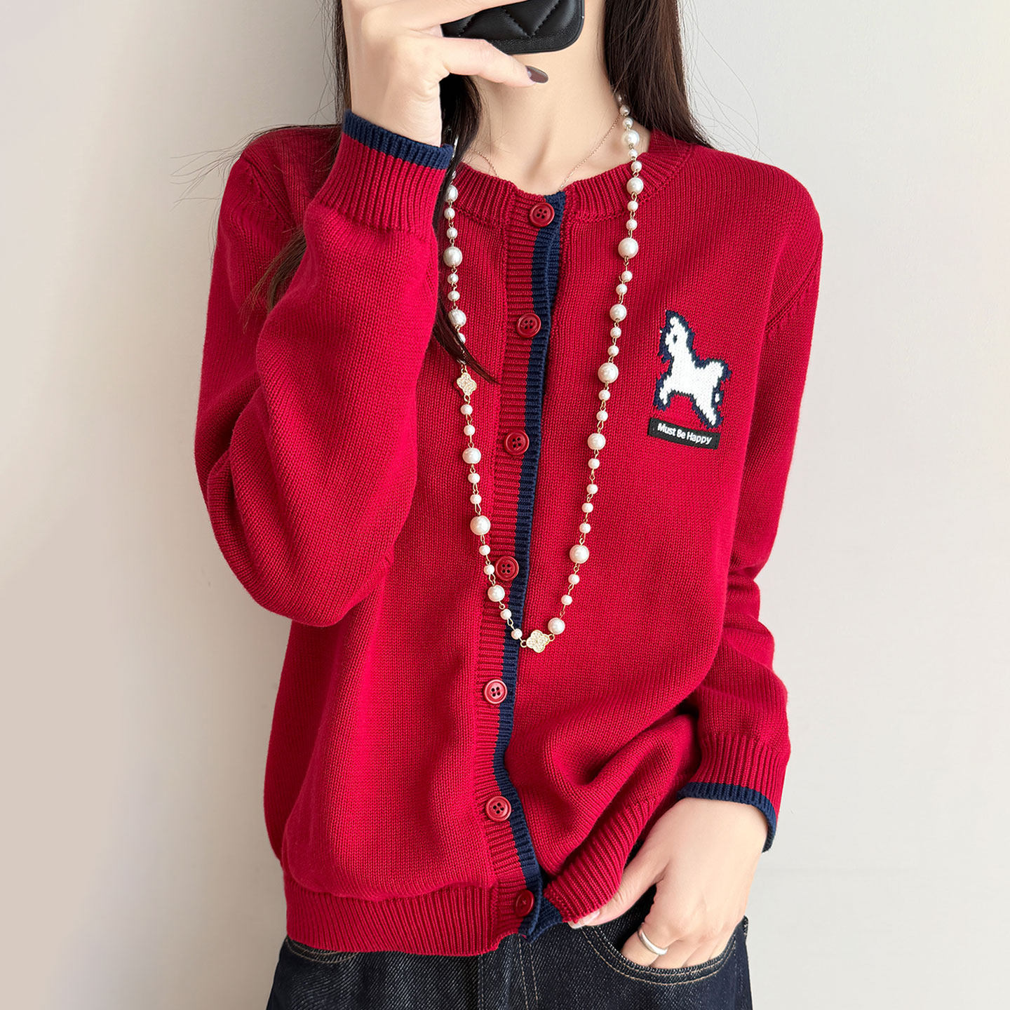 撞色圆领羊毛针织开衫女士外套秋冬新款宽松时尚短款提花毛衣外搭,女装/女士精品,毛衣,淘宝优惠券,粉丝福利购,淘宝优惠卷