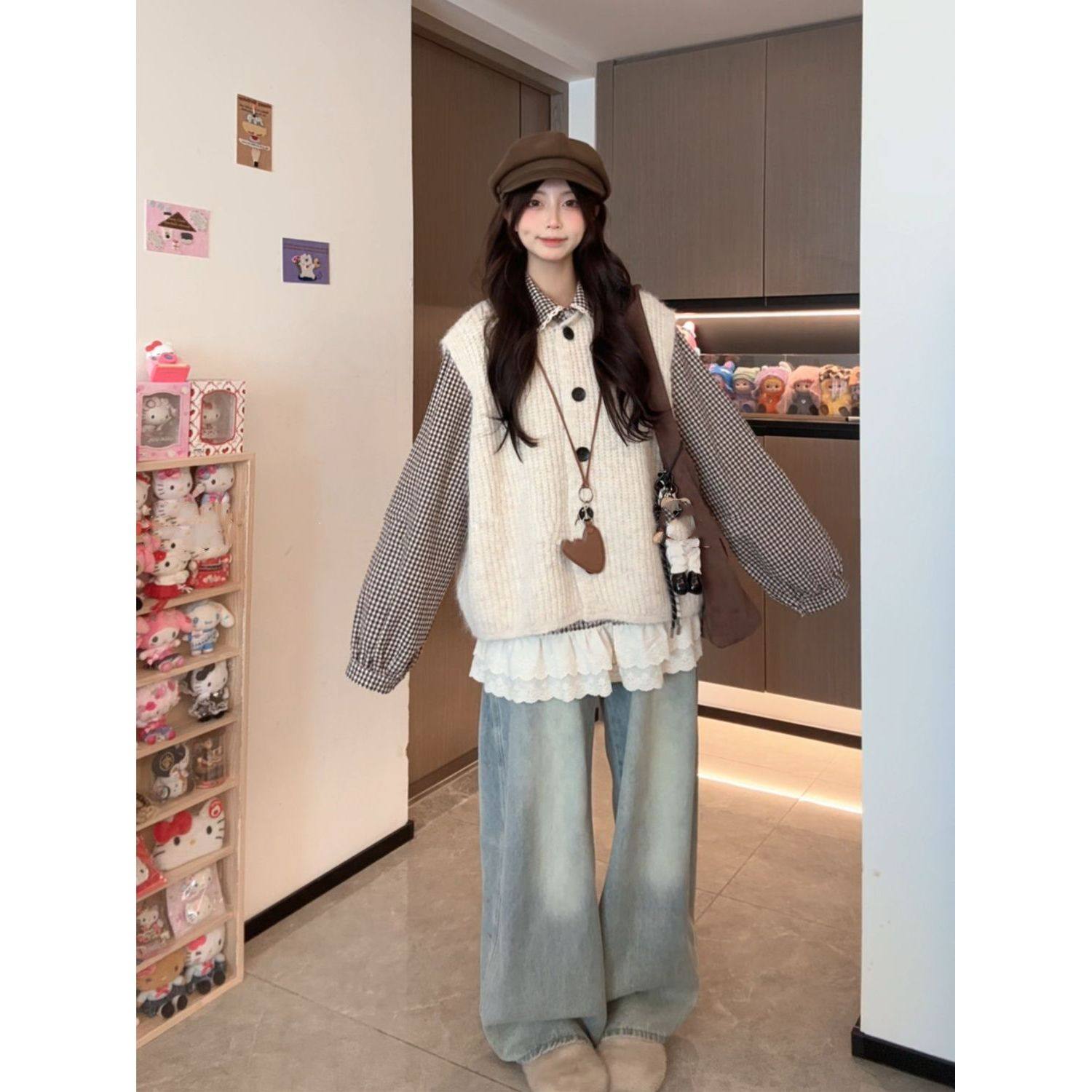 【画廊女孩】南瓜型开衫针织马甲无袖外套秋拼接花边格纹衬衫套装,女装/女士精品,时尚套装,淘宝优惠券,粉丝福利购,淘宝优惠卷