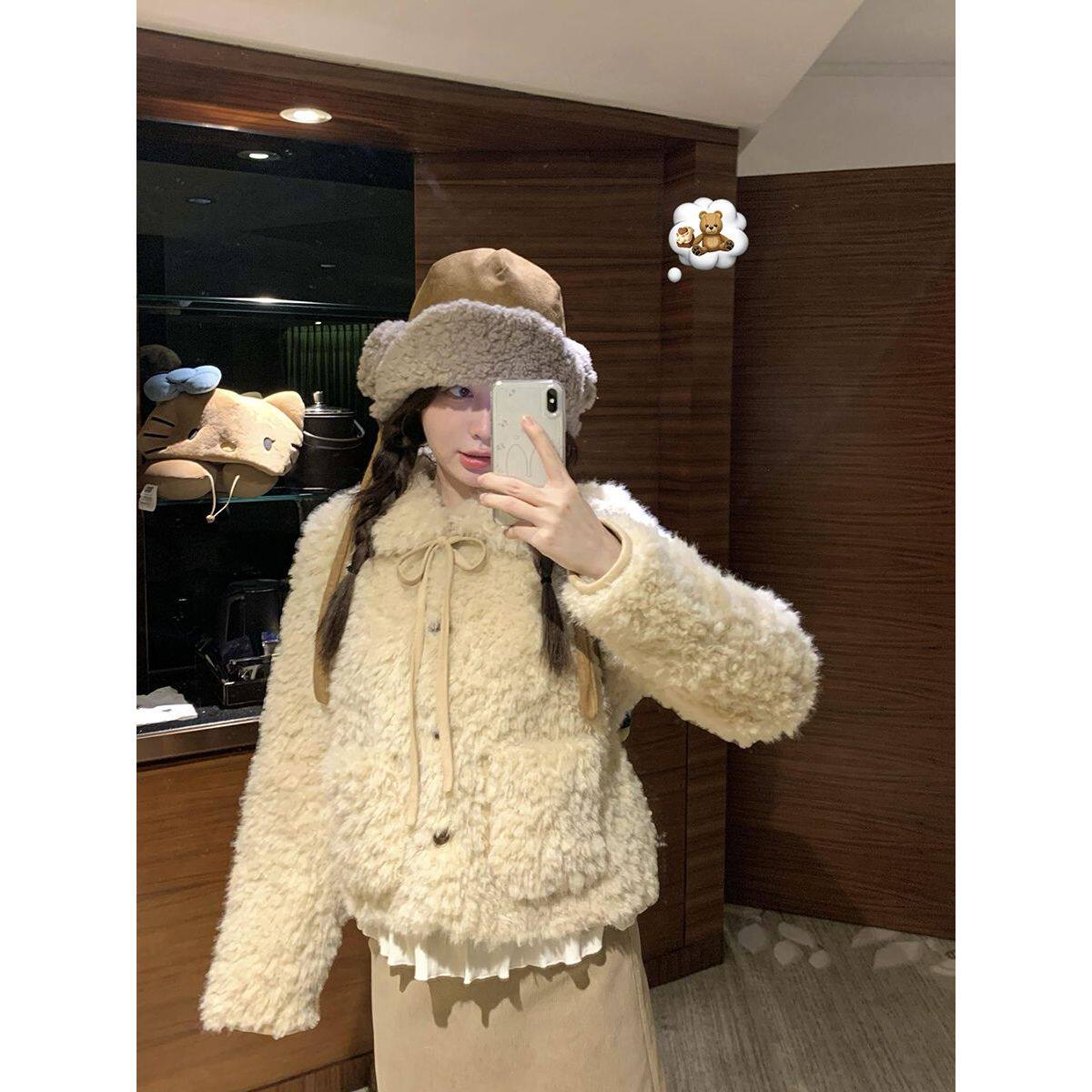 幕间甜心韩系蝴蝶结系带毛呢外套新款慵懒风甜美小个子保暖上衣冬