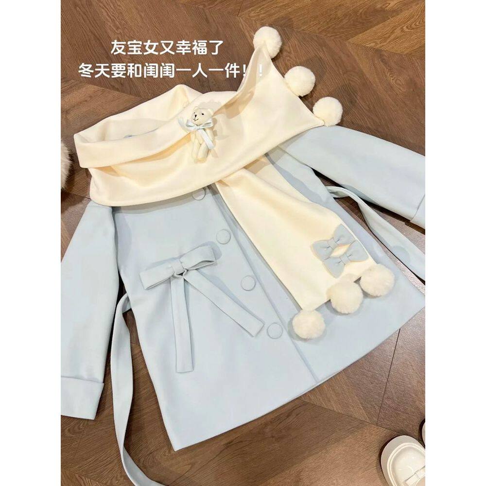 初雪小熊秋冬氛围感日系软妹小熊围巾+中长款毛呢外套两件套2025