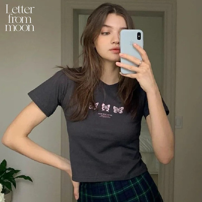 【Jennie同款】Letter from moon蝴蝶刺绣短袖修身休闲夏女款T恤
