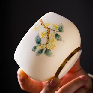 手绘十二花神杯描金羊脂玉瓷主人品茗杯大号陶瓷茶杯茶具