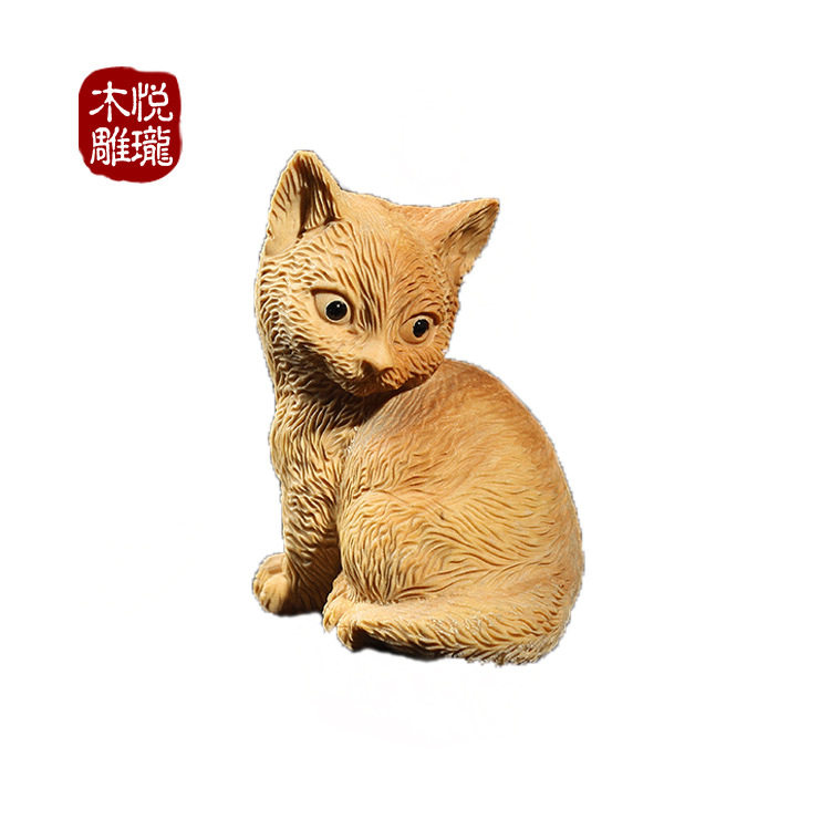 2018新品小猫咪木雕摆件 黄杨木精雕萌宠动物雕刻木质工艺品批发