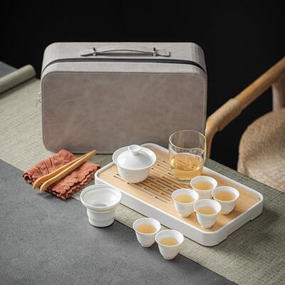 德化白瓷功夫旅行茶具套装公司年会礼品印制盖碗茶杯带茶盘小套组