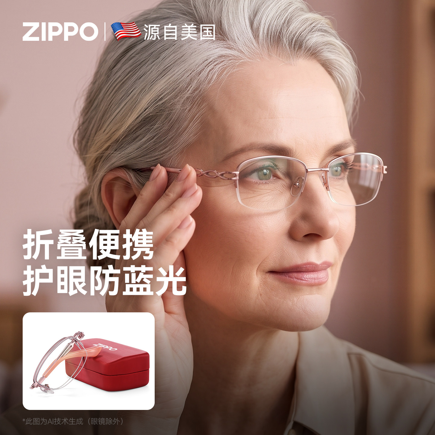 ZIPPO老花镜超轻折叠2026新款减龄防紫外线蓝光老人眼镜女8106