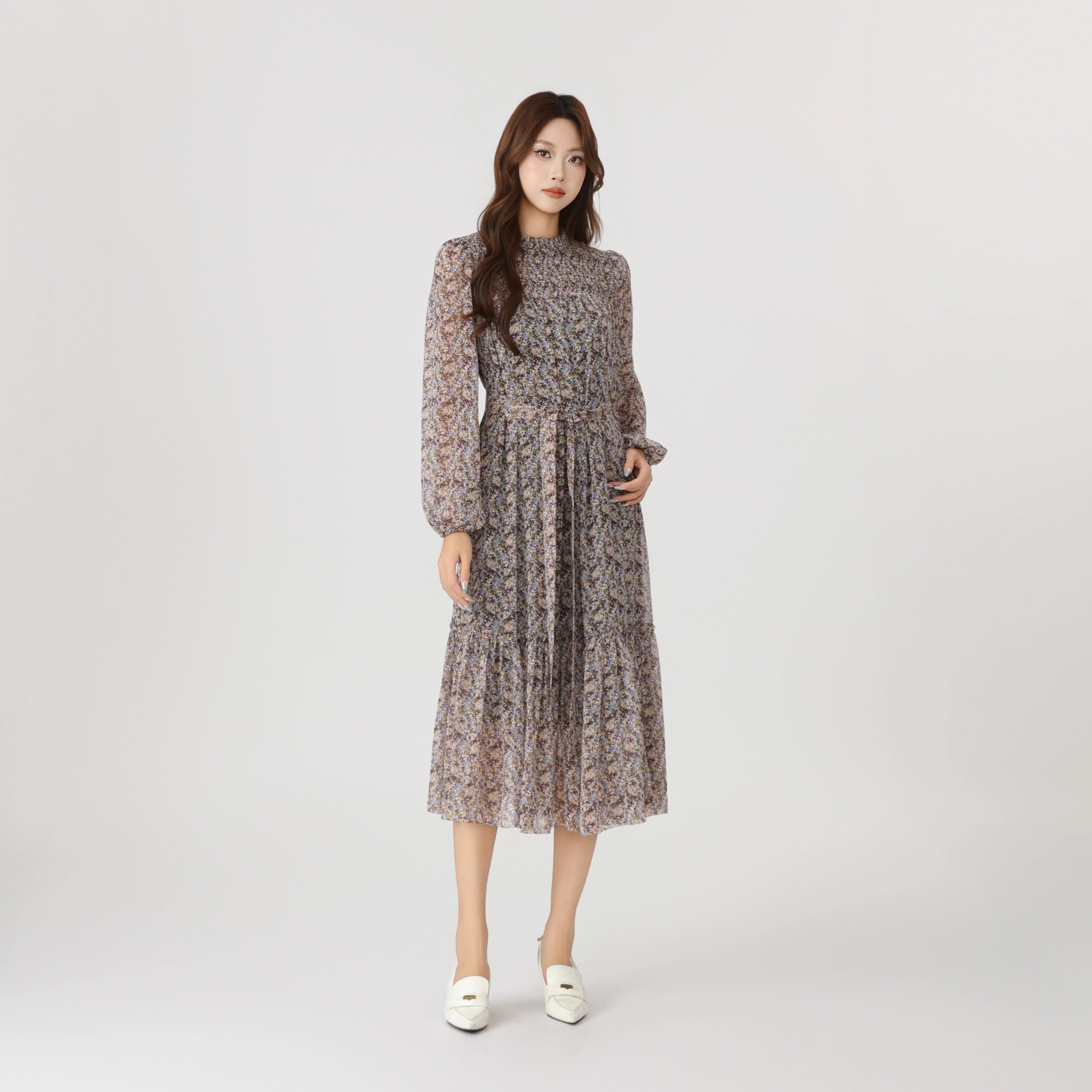 Girdear/哥弟新款时尚气质优雅法式碎花显瘦长款连衣裙女150034