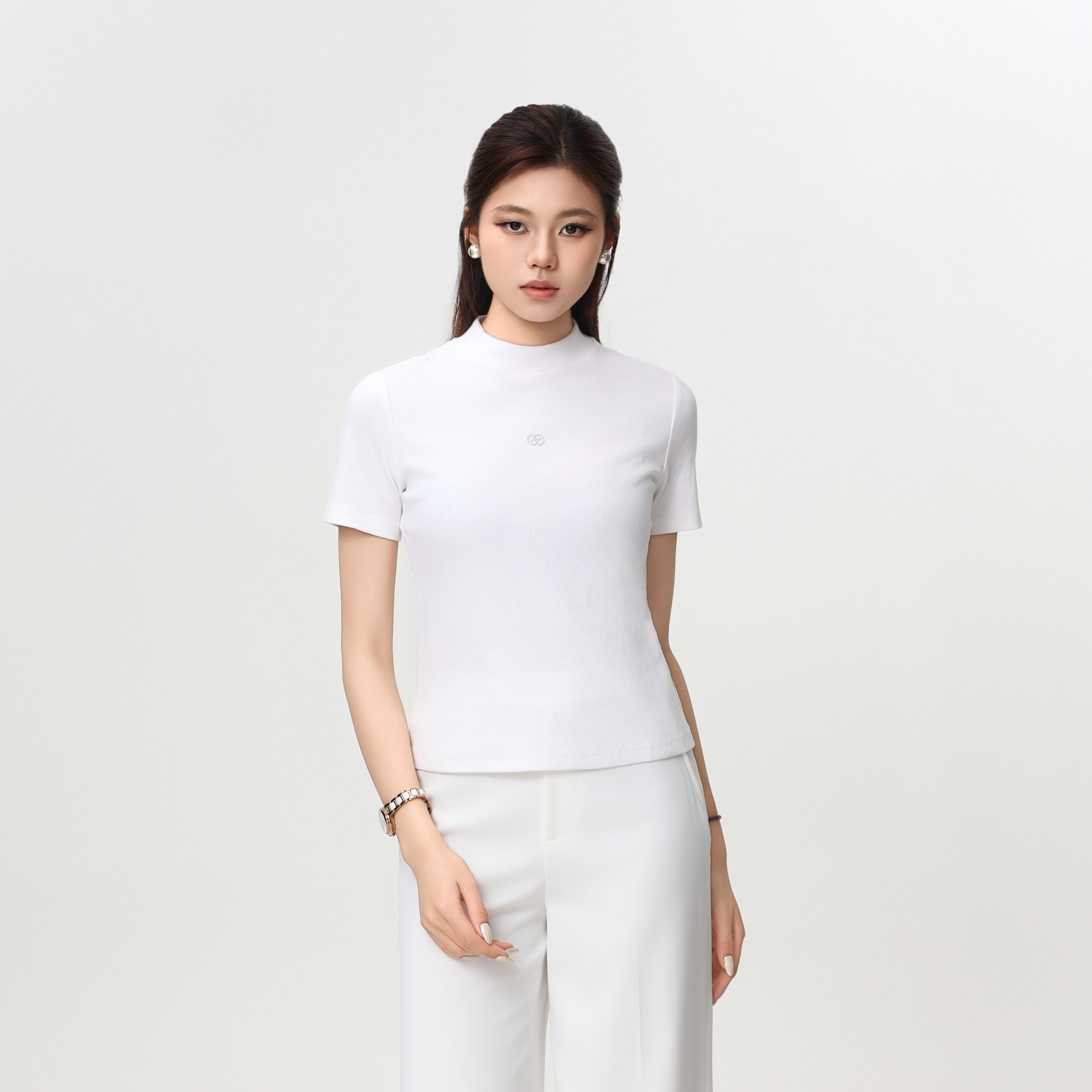 Girdear/哥弟新款半高领短袖T恤女修身显瘦基础款上衣1300606