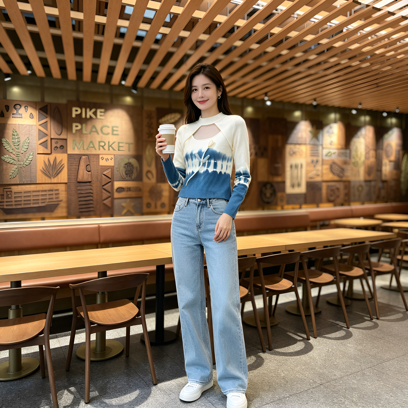 手工扎染针织衫半高领打底衫外穿女春秋韩版镂空毛衣内搭显瘦上衣