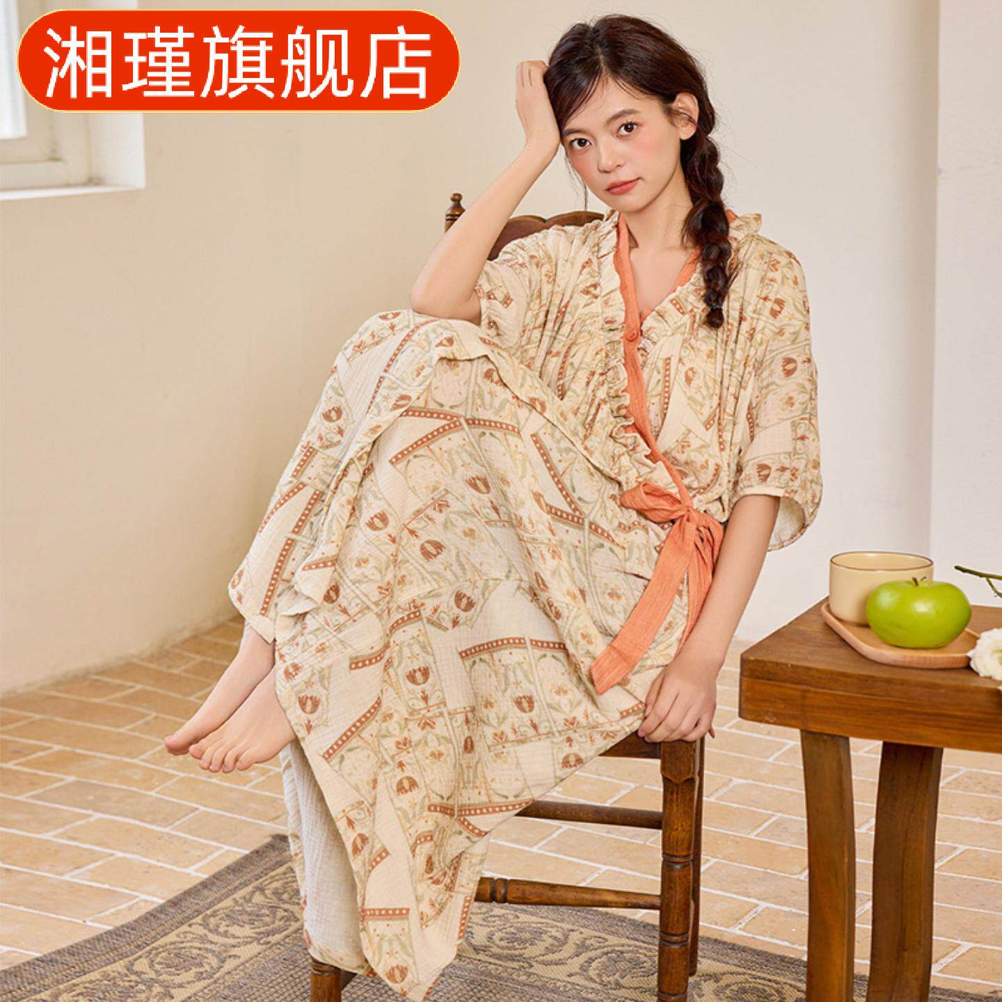 睡衣女夏季新款带胸垫云朵棉睡袍甜美长款睡裙浴袍家居服