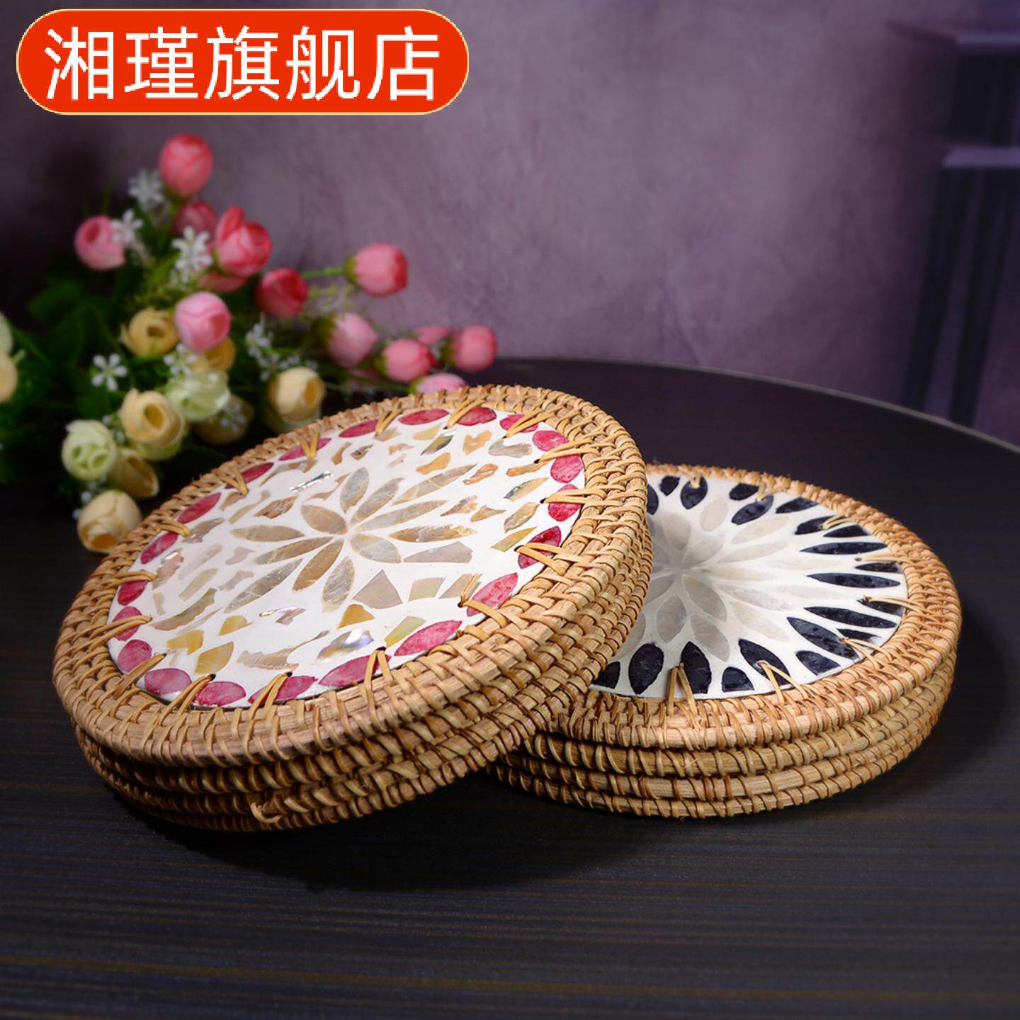 东南亚进口手工彩贝壳杯垫创意天然贝母隔热垫子轻奢木质装饰碗垫