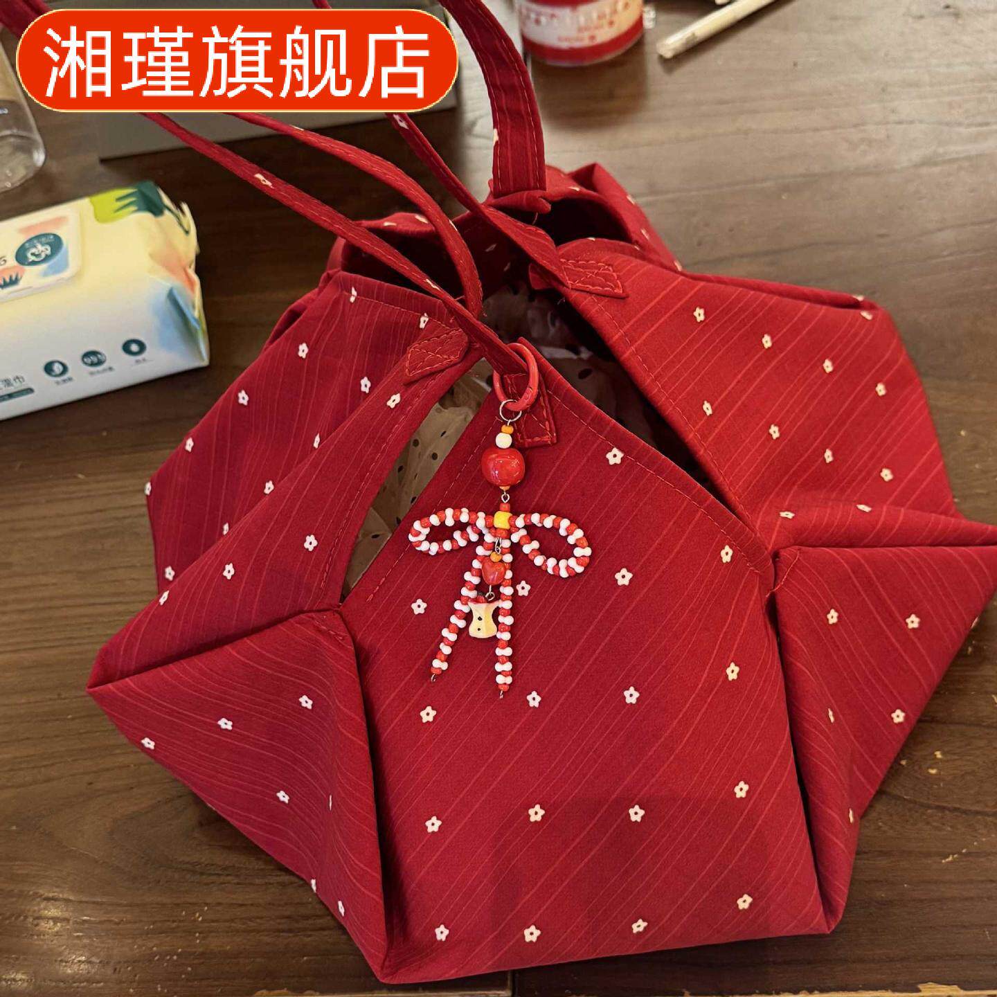 韩系红色格子帆布包女新款撞色编织单肩托特包通勤手提购物袋